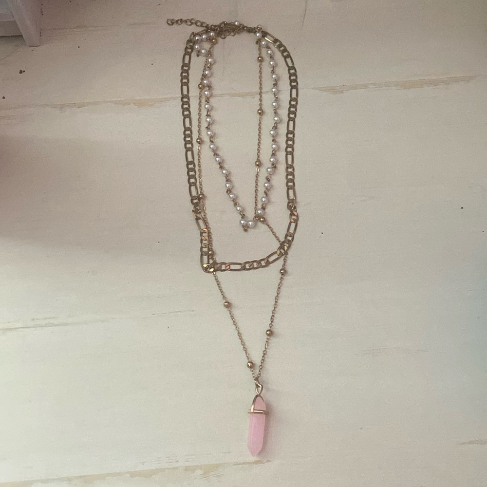 3 piece gold with pink pendant necklace